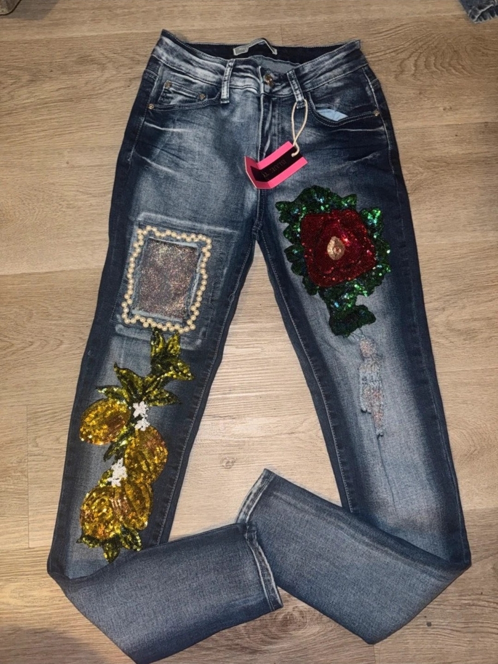 Dark Blue Skinny Jeans with Red Sequin Rose and Gold Appliqué